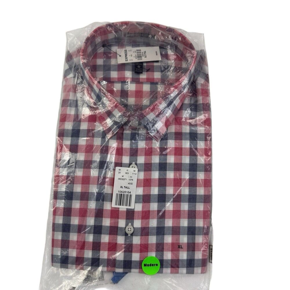 NEW Express Long Sleeve Modern Fit Dress Plaid Shirt Men Size XLT Tall Red Blue